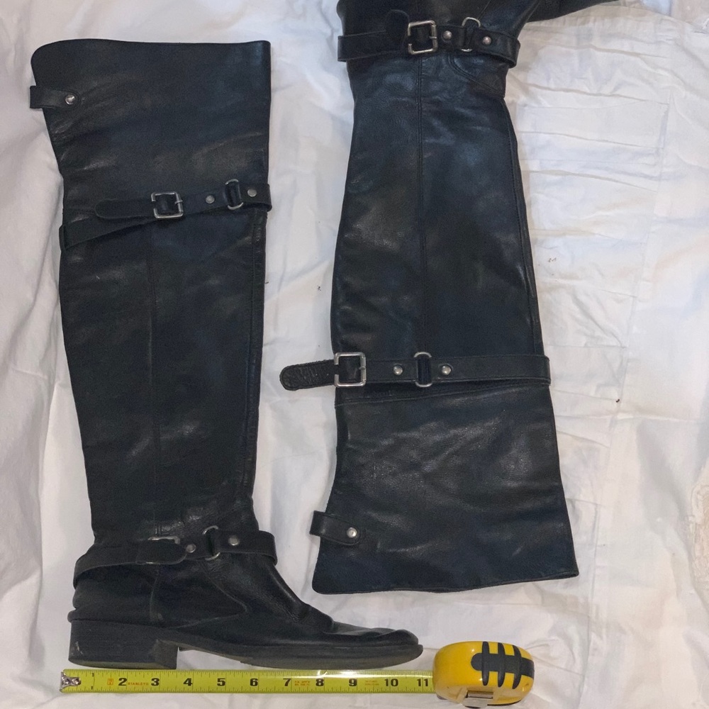 Black genuine leather over the knee boots